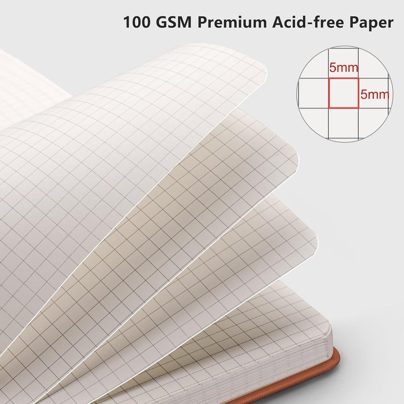 RETTACY Graph Grid Paper Notebook, 192 Pages, A5 Medium Size (5.7'' x 8.3''), 5 Squares per Inch, Leather Hardcover, 100 GSM Thick Paper, for School, Students, Math, Engineering (Brown) - Image 3